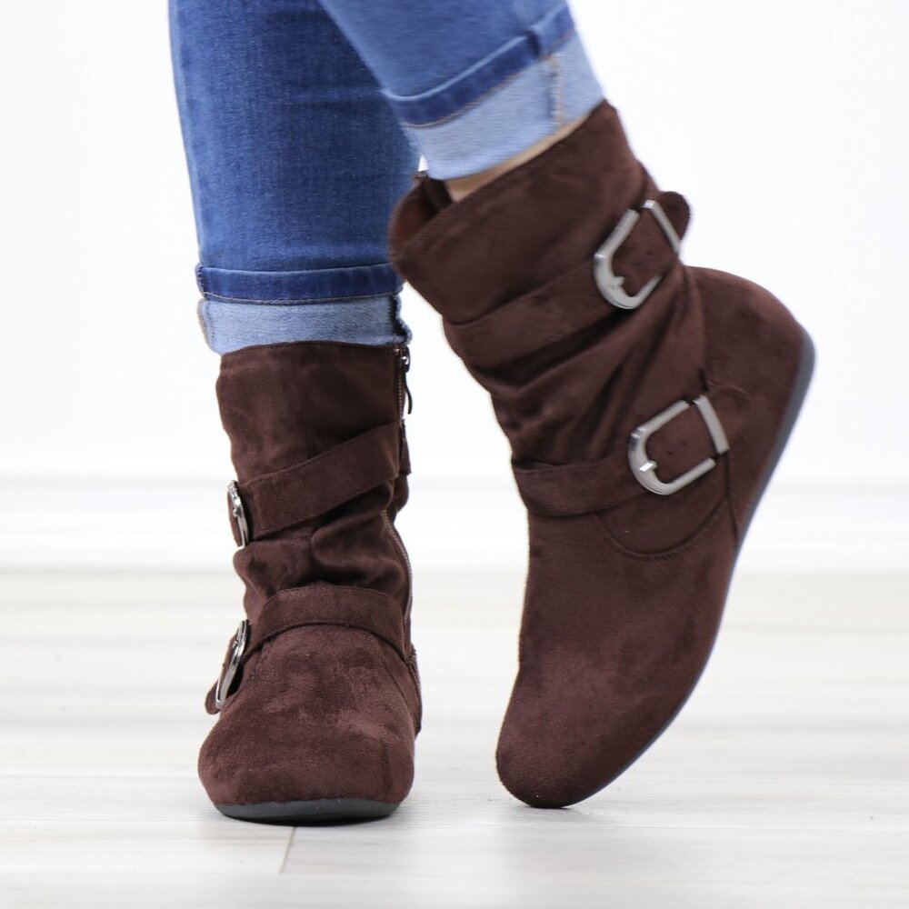 Brown Suede Buckle Boots  Flat Sole Slouchy Fit Everyday Fall Style - Picture 10 of 14
